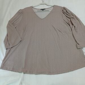Adrianna Papell 3X Taupe small dot print 3/4 sleeve a line top small v neck